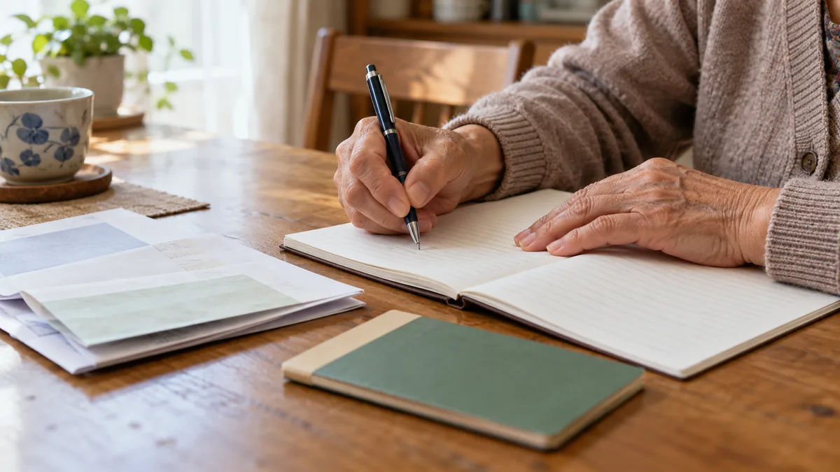 ダイニングテーブルで通帳や保険証券を横に置き、ノートに書き写している60代の人物の手元