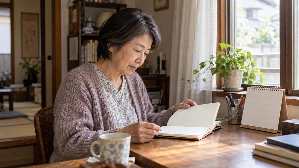 窓辺の机で、カレンダーを横にノートを見直している60代の人物