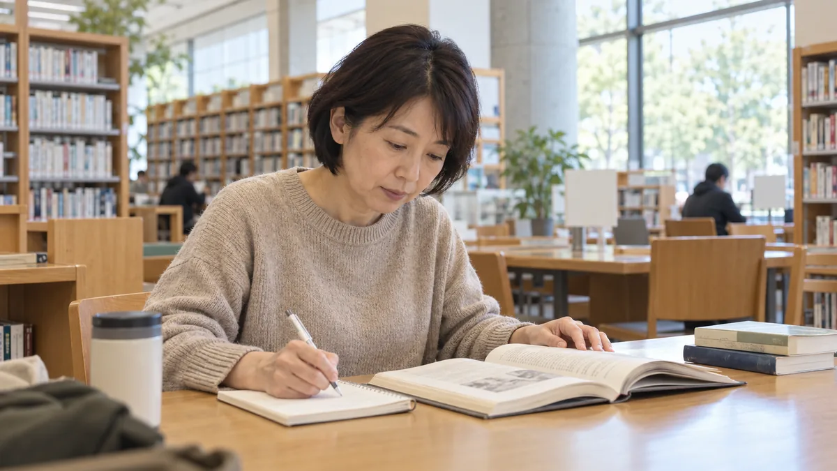 図書館の閲覧席で、本を開いて調べものをする50代の女性