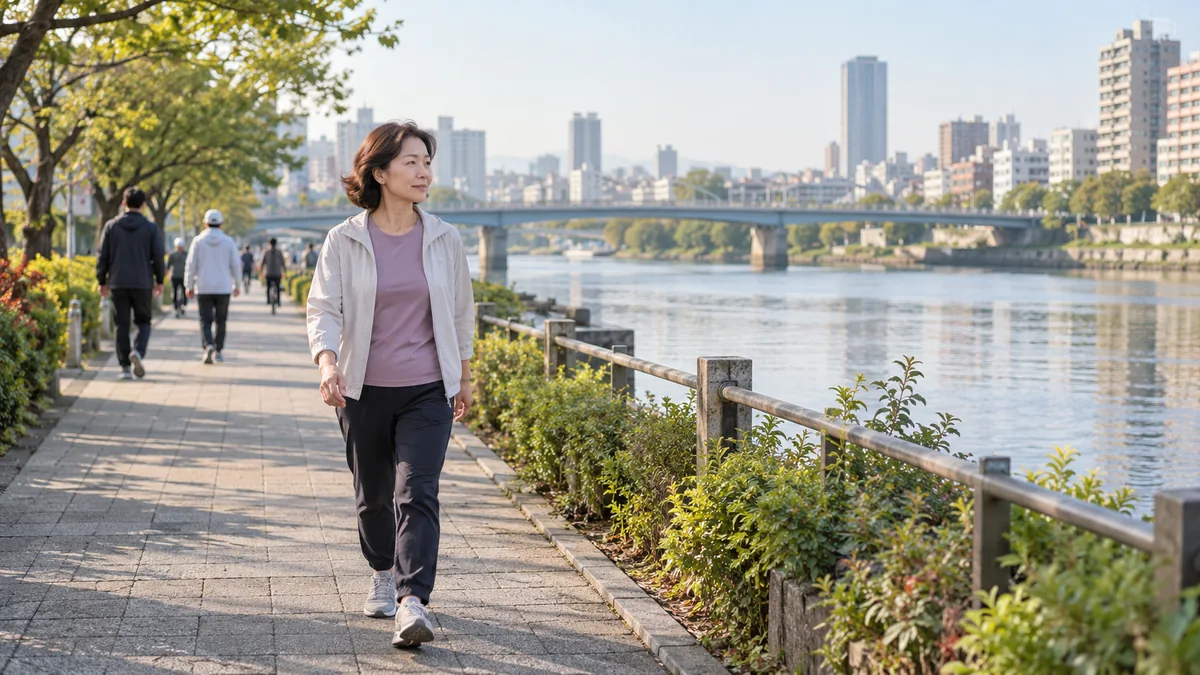 週末の朝、川沿いの遊歩道をウォーキングする50代の女性