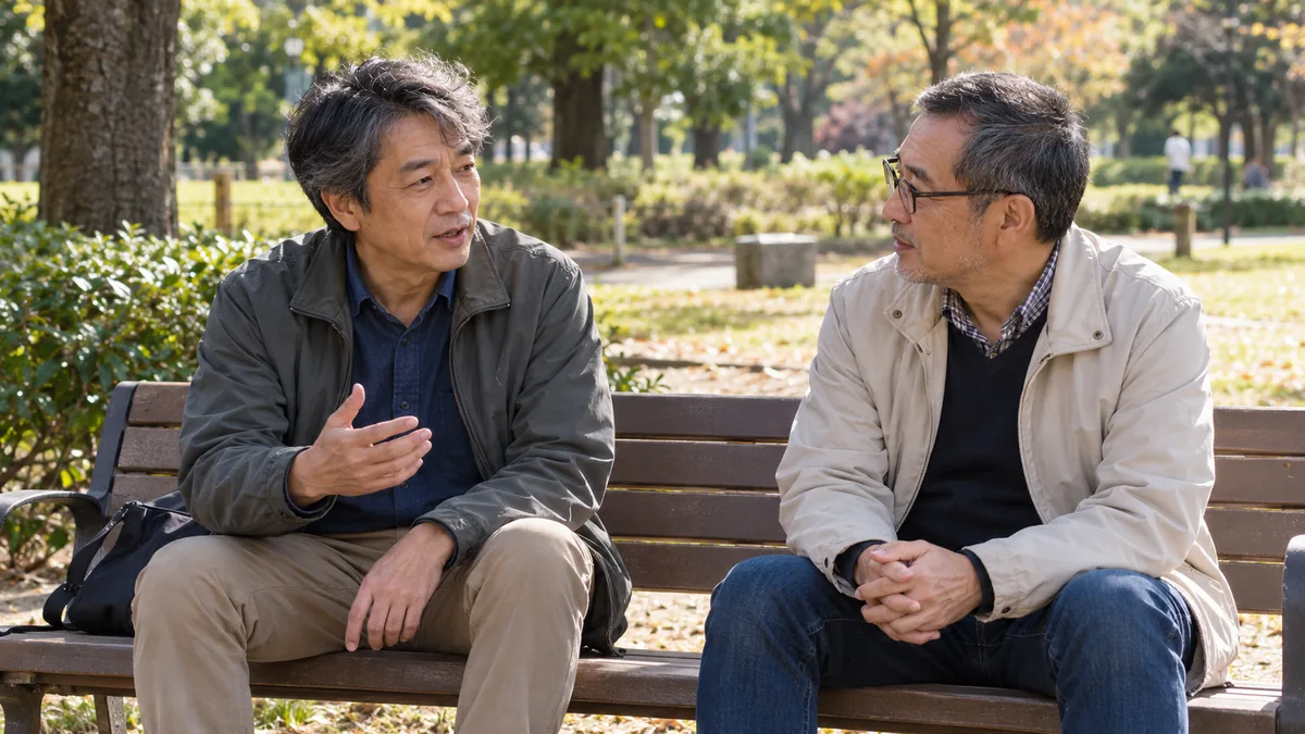 日中の公園のベンチで、同年代の友人と話す50代の男性