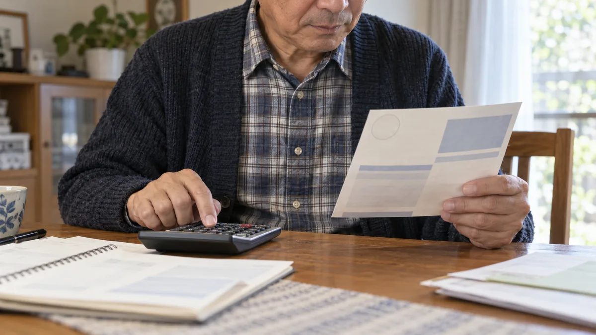 自宅のダイニングテーブルで、年金の通知のはがきと電卓を前に家計を確かめる50代の男性の手元