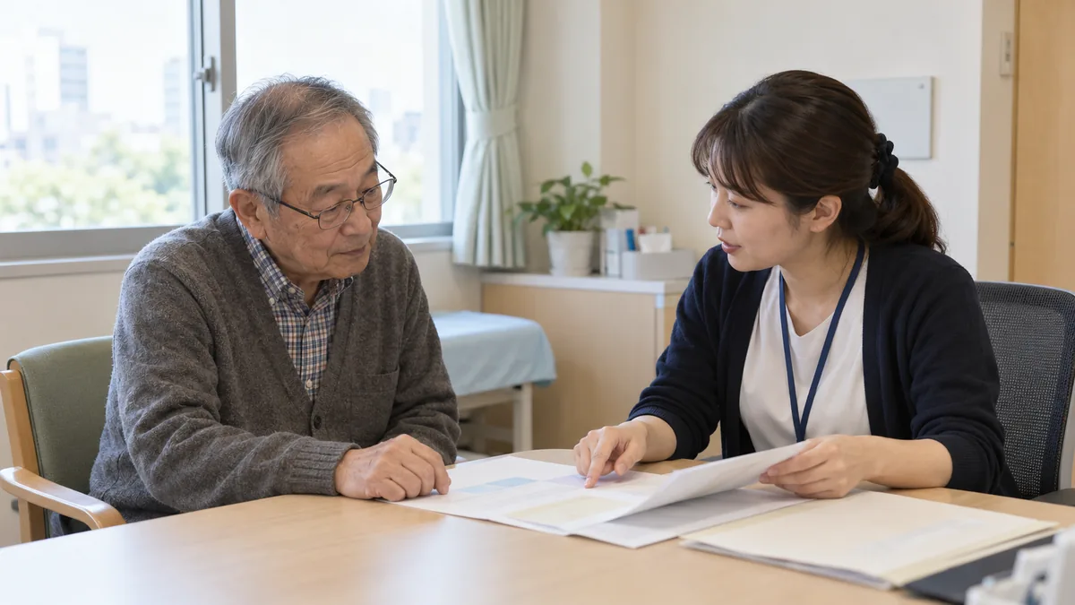 病院の相談室で、相談員と向かい合って書類を見ながら話す70代の男性