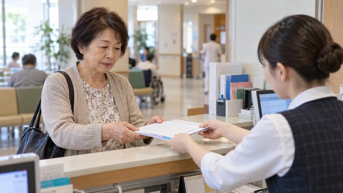 病院の受付カウンターで、入院の書類を受け取る60代の女性